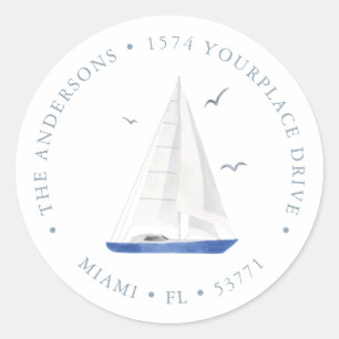 Minimal Nautical Sailboat Navy Blue Address Classic Round Sticker