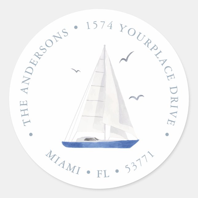 Minimal Nautical Sailboat Navy Blue Address Classic Round Sticker (Front)