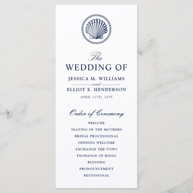 Minimal Nautical Wedding Program Seashell Theme Programme (Front)