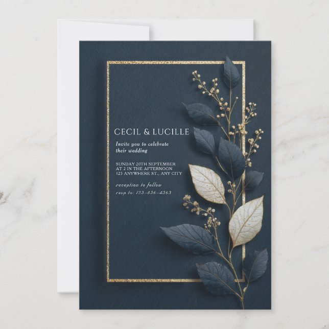 Minimal Navy and Gold Leaf Wedding Invitation (Front)