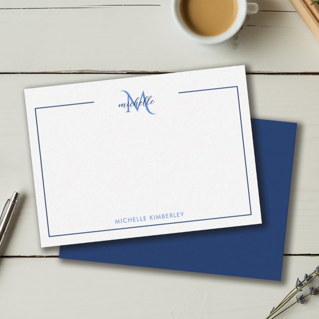Minimal Navy Blue and White Monogram Card (Minimal Navy Blue and White Monogram Note Card)