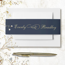 Minimal Navy Blue Background Gold Script Wedding