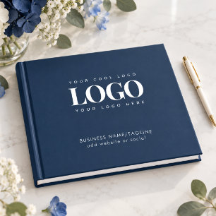 Minimal Navy Blue Business Company Custom Logo Guest Book