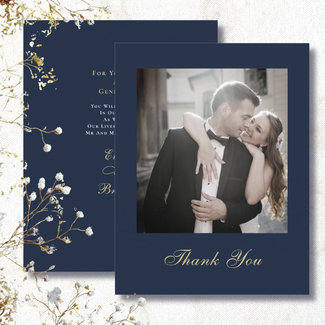 Minimal Navy Blue Gold White Script Thank You  Invitation (Creator Uploaded)