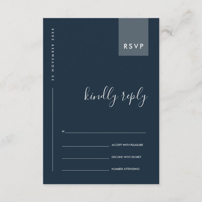 MINIMAL NAVY BLUE GREY TYPOGRAPHY WEDDING RSVP ENCLOSURE CARD (Front)
