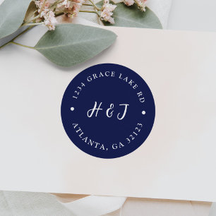 Minimal Navy Blue Initials Wedding Return Address Classic Round Sticker