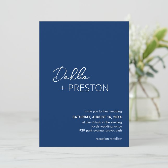Minimal Navy Blue Modern Wedding Invitation (Standing Front)