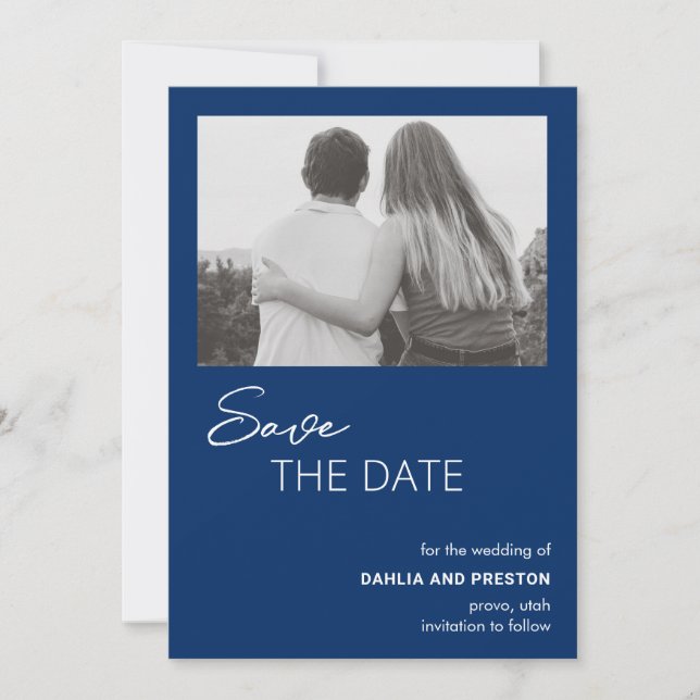 Minimal Navy Blue Photo Modern Wedding Save The Date (Front)