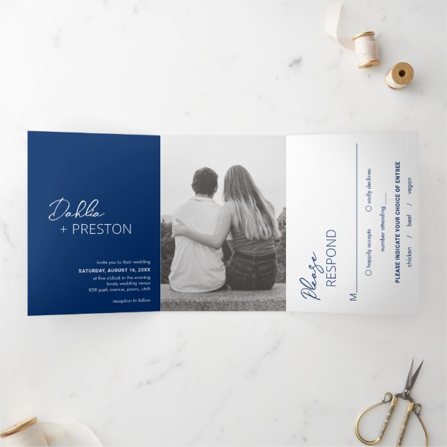 Minimal Navy Blue Photo Modern Wedding Tri-Fold Invitation (Inside)