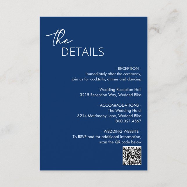 Minimal Navy Blue QR Code Modern Wedding Enclosure Card (Front)