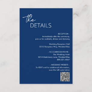 Minimal Navy Blue QR Code Modern Wedding Enclosure Card