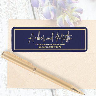 Minimal Navy Blue Script Gold Border Address