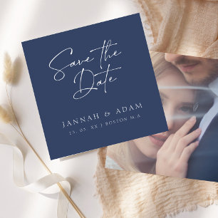 Minimal Navy Blue Script Photo Wedding Save The Date