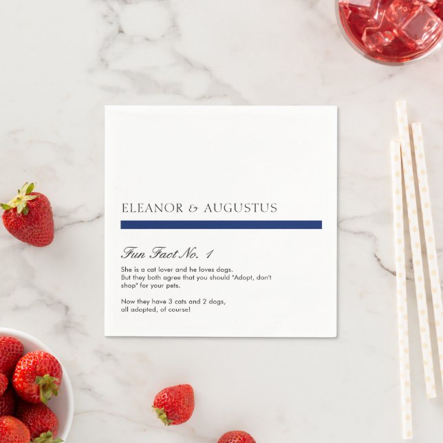 Minimal Navy Blue Simple Modern Fun Facts Wedding Napkin (Insitu)