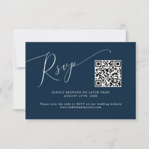 Minimal Navy Blue Wedding QR Code RSVP Card