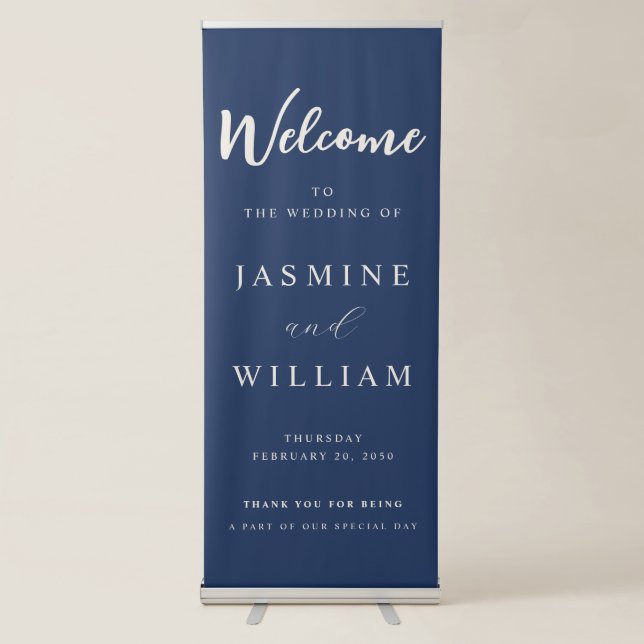 Minimal Navy Blue Wedding Welcome Retractable  Banner (Front)