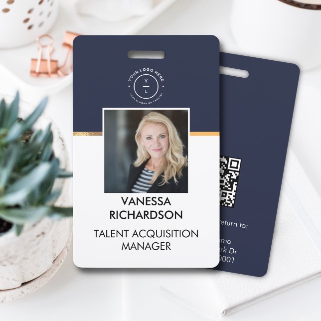 Minimal Navy Blue White Employee Photo ID Company  ID Badge (Creator Uploaded)