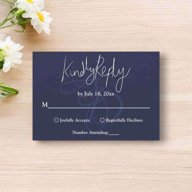 Minimal Navy Blue White Monogram Elegant Wedding RSVP Card (Creator Uploaded)