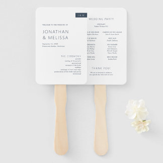 Minimal Navy Blue & White Monogram Wedding Program Hand Fan