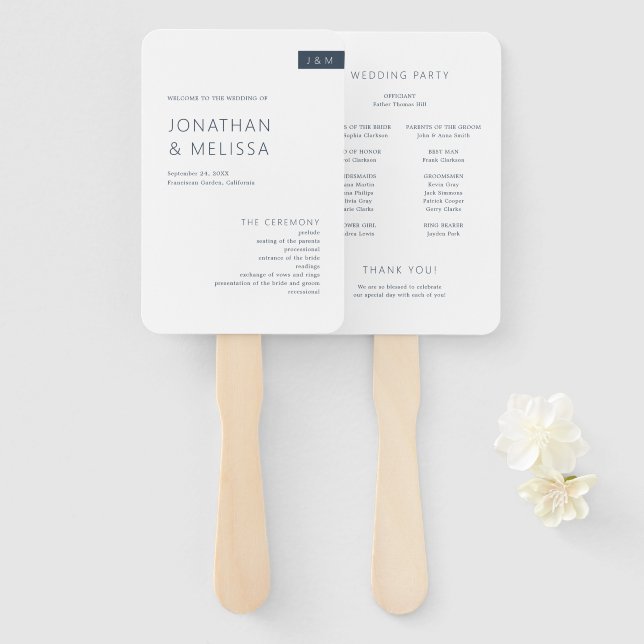 Minimal Navy Blue & White Monogram Wedding Program Hand Fan (Front and Back)