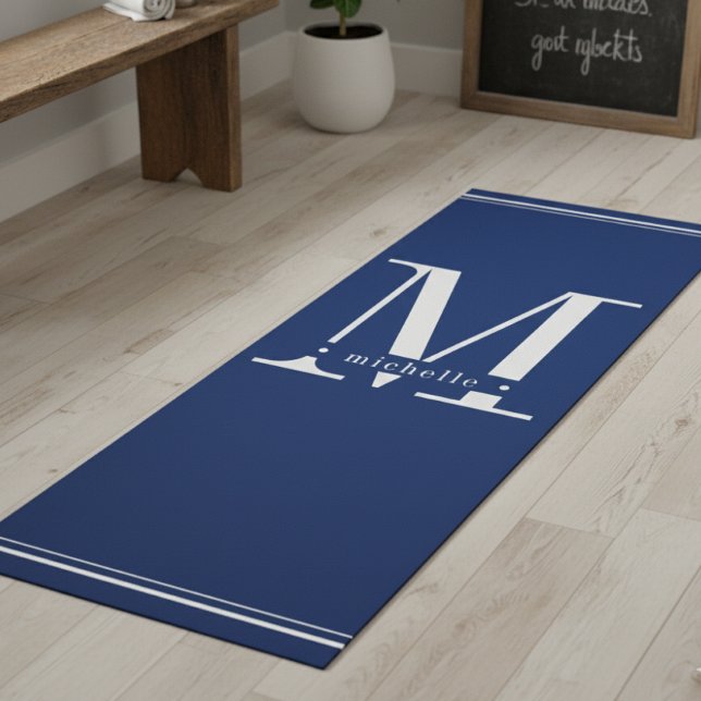 Minimal Navy Blue & White Monogram Yoga Mat (Creator Uploaded)