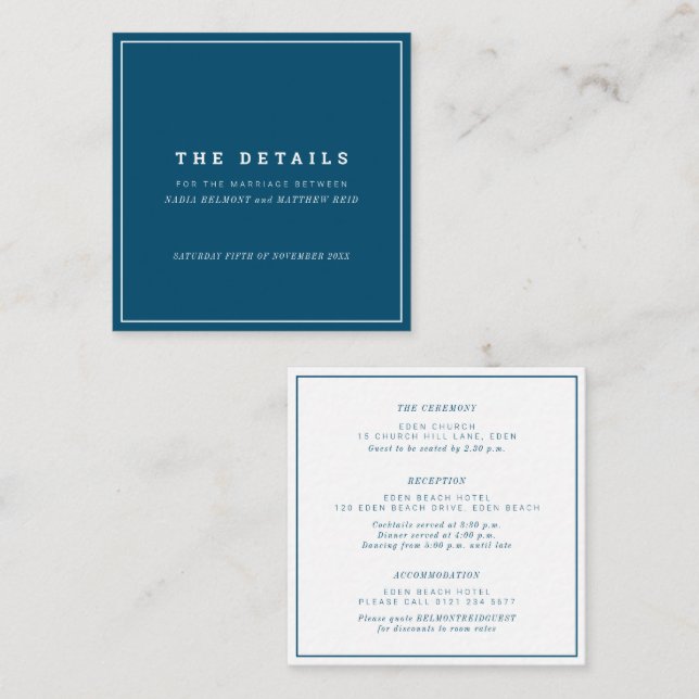 Minimal navy blue white square wedding details enclosure card (Front/Back)