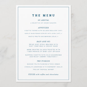 Minimal navy blue white wedding and event custom menu