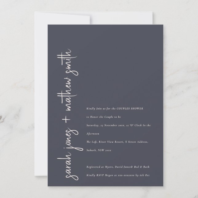 Minimal Navy Blush Black Script Couples Shower Invitation (Front)