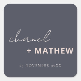Minimal Navy Blush Black Script Typography Wedding Square Sticker