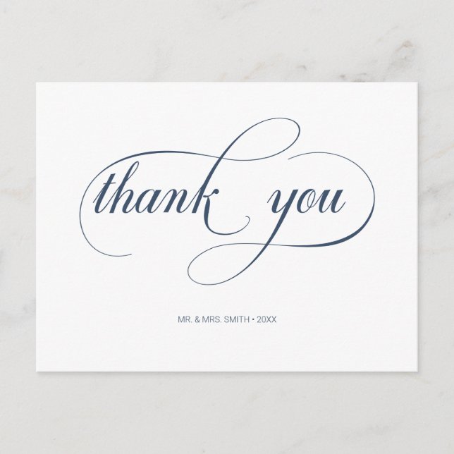 Minimal Navy Calligraphy Script Wedding Thank You Postcard (Front)