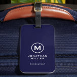 Minimal Navy Classic Typographic Monogram Luggage Tag<br><div class="desc">A professional vertical design in modern style with a navy blue and white monogram emblem with large classic block typography initial monogram with name and title below. The text can easily be customised using the fields provided.</div>