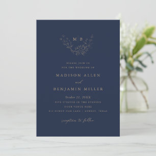 Minimal Navy Gold Botanical Monogram Wedding Invitation