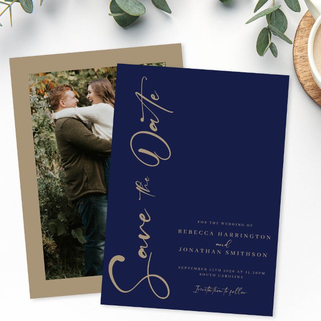Minimal Navy Gold Photo Wedding Save The Date Card (Creator Uploaded)