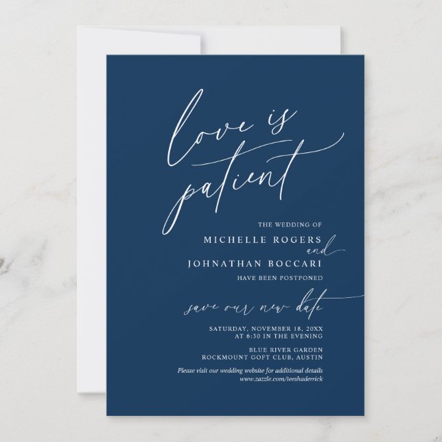 Minimal Navy, Love in patient, wedding postponed Invitation (Front)