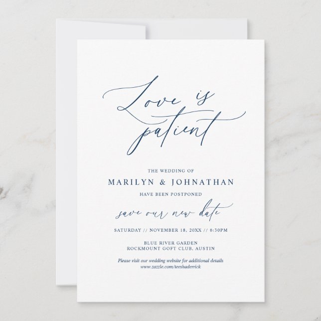 Minimal Navy, Love is patient, wedding postponed Invitation (Front)