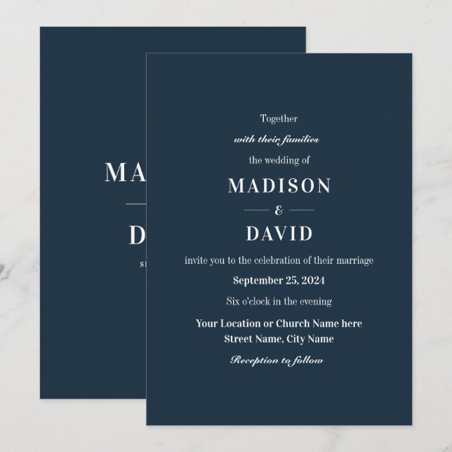 Minimal Navy Modern Classic Wedding Invitation (Front/Back)