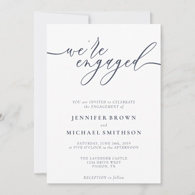 Minimal Navy Modern Engagement Invitation (Front)