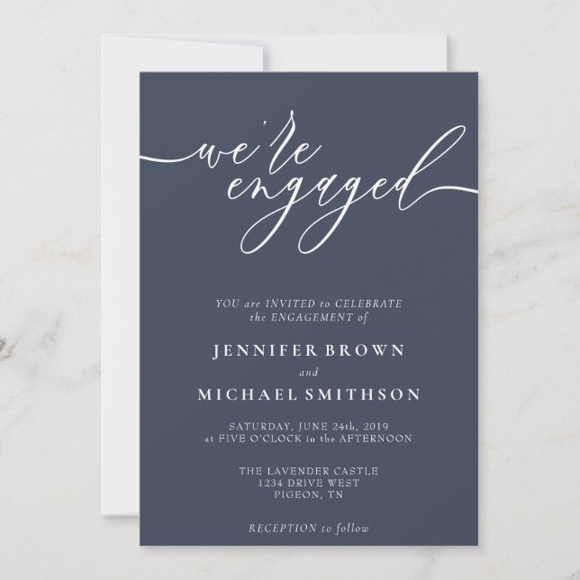 Minimal Navy Modern we are engaged Invitation (Front)