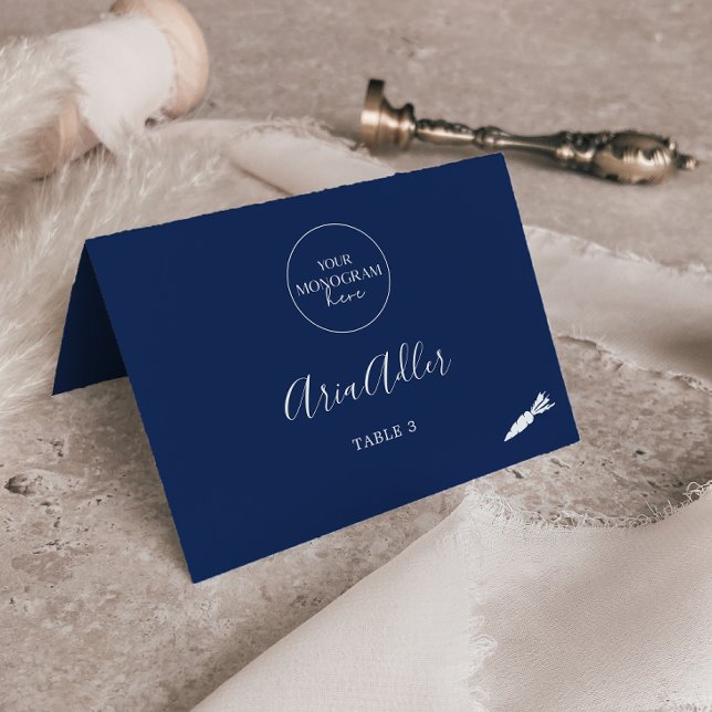 Minimal Navy Monogram Veg Meal Option Place Cards (Creator Uploaded)