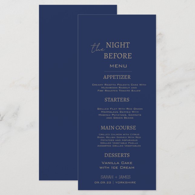 Minimal Navy Rehearsal Dinner the Night Before  Menu (Front/Back)