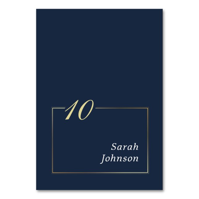 Minimal Navy White Gold Border Elegant Script Table Number (Front)
