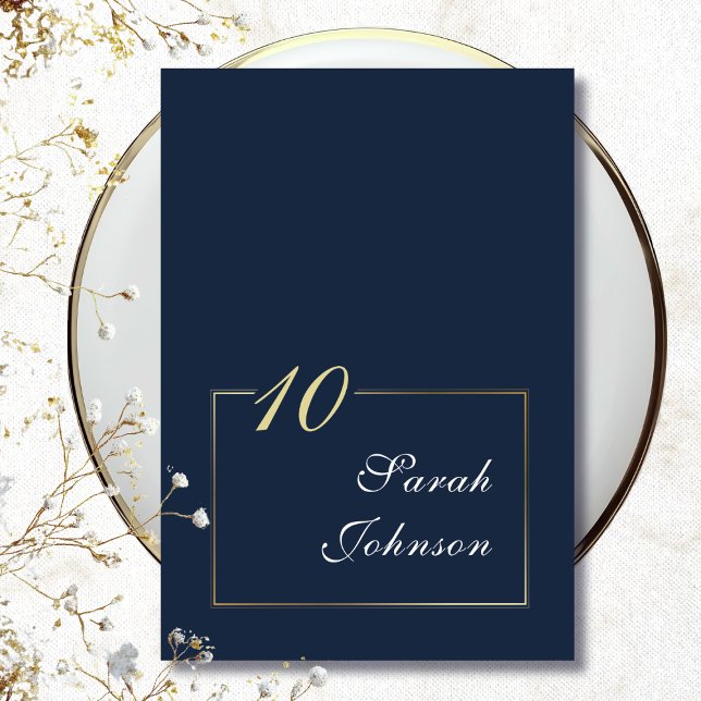 Minimal Navy White Gold Border Elegant Script Table Number (Creator Uploaded)
