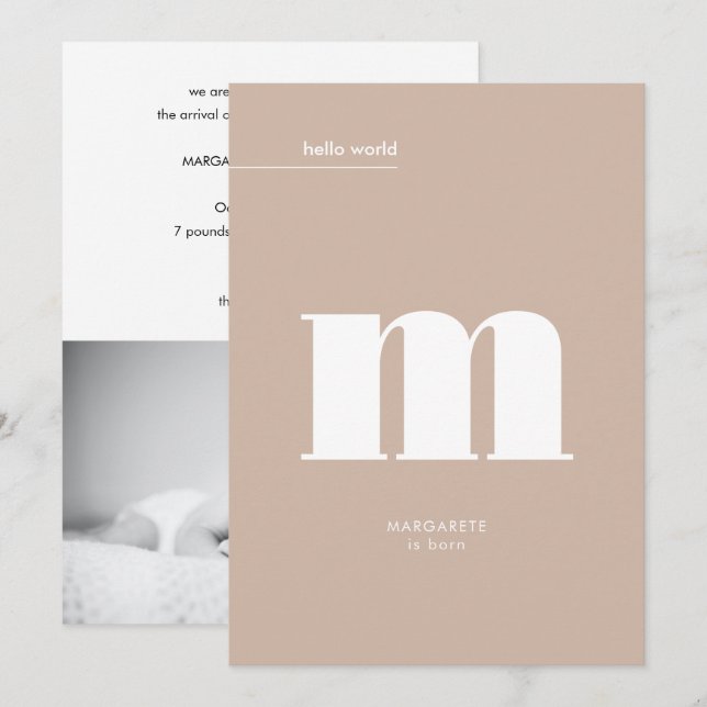 Minimal Neutral Beige Monogram Photo Baby  Announcement (Front/Back)