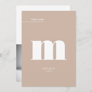 Minimal Neutral Beige Monogram Photo Baby Announcement
