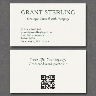 Minimal Neutral Emerald Green Legal QR Code  Business Card