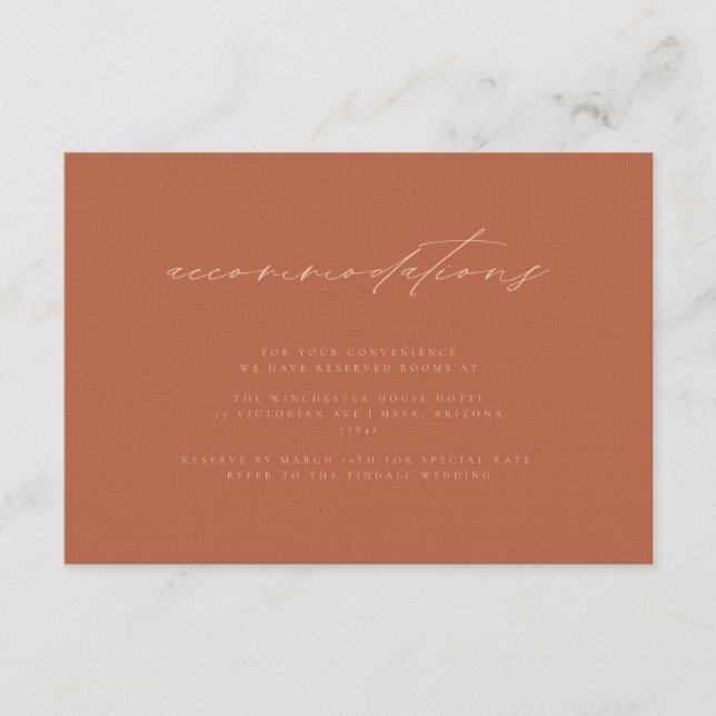 Minimal Neutral Sunset Rust Wedding Accommodations Enclosure Card (Front)