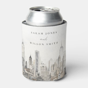 Minimal New York City Skyline Watercolor Wedding Can Cooler