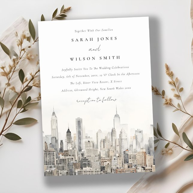 Minimal New York City Skyline Watercolor Wedding Invitation (Creator Uploaded)