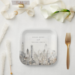 Minimal New York City Skyline Watercolor Wedding Paper Plate