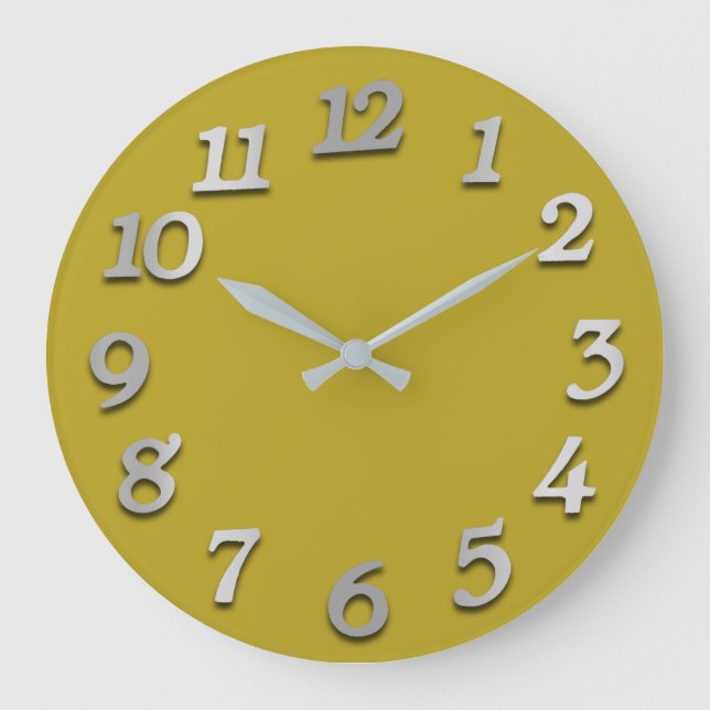 Minimal Numbers Gray Silver Grey Yellow 3D Mustard Large Clock (Front)